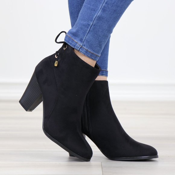 Black Pointed Toe Low Heel Ankle Boots Back Laces Booties Faux Suede - Picture 5 of 15